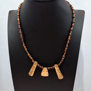 Vintage Boho Necklace Wood Beads & 3 Copper Tone Pendants 18 inches